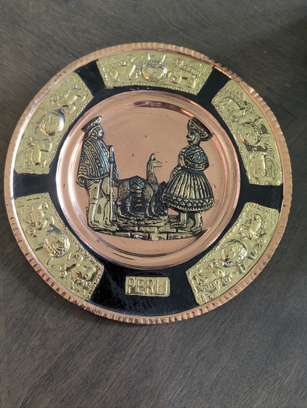 Vintage Peru Copper Metal Decorative Plate Lama Inca Machu Picchu